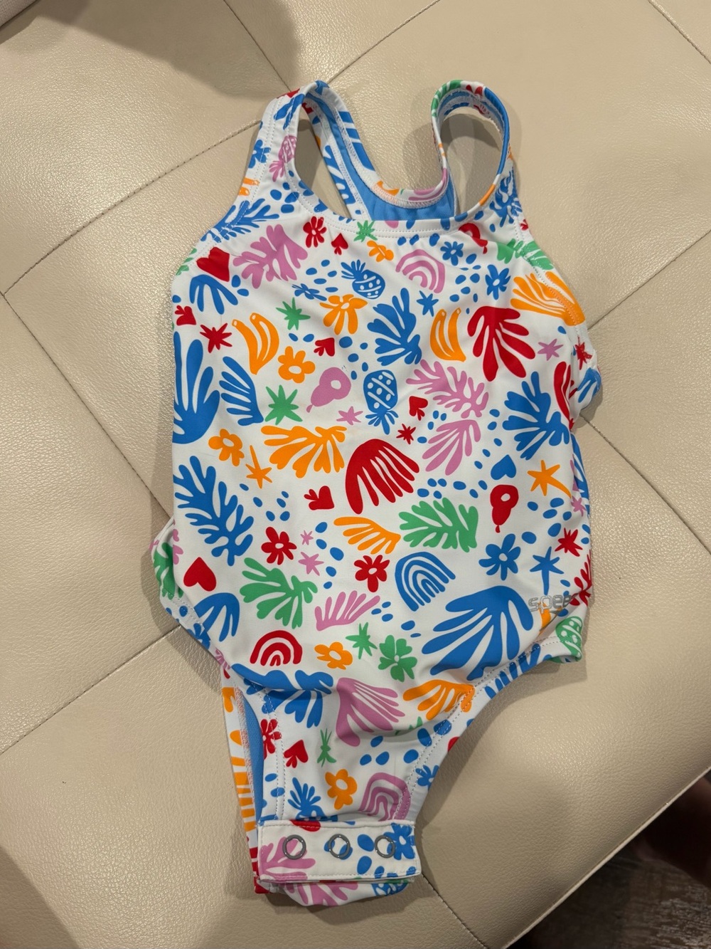 Speedo Girls' White One-Piece Swimsuit with Multicolor Playful Print
